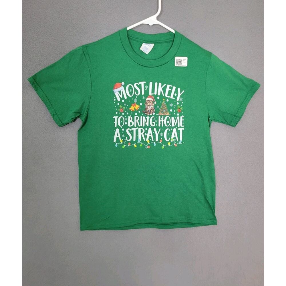 Most Likely To Bring Home A Stray Cat Christmas T-Shirt Kids Size Medium
